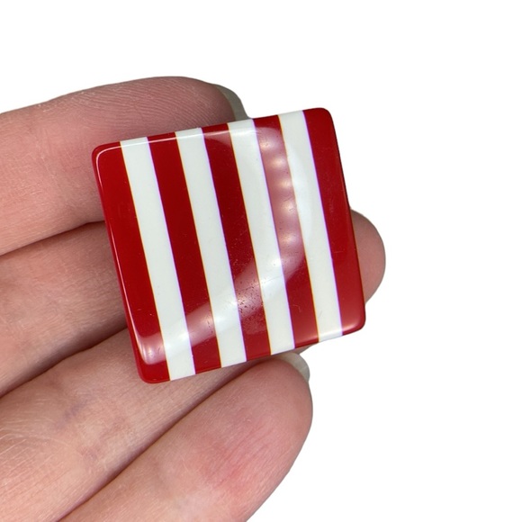 Red and White Striped Large Square Earrings - Picture 4 of 10